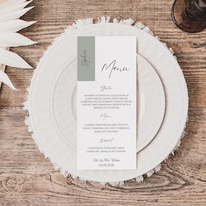 Sage green Wedding Menu cards, Wedding menus , Wedding breakfast table cards, personalised wedding menu with printed guest names