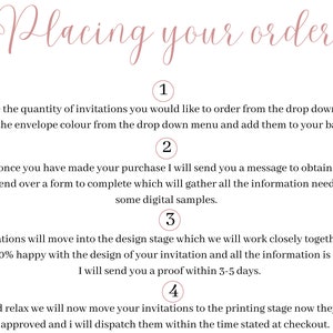 May include: A four-step guide for placing an order for invitations. The steps are numbered 1 through 4. The text describes the process of choosing the quantity and envelope color, checking out, designing the invitations, and printing the invitations.