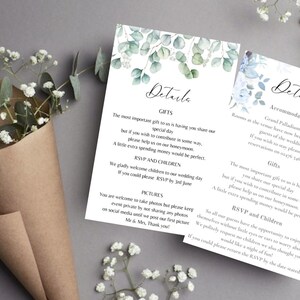 May include: Two white cards with green and blue floral designs. The cards have the word "Details" at the top and list information about gifts, accommodation, RSVP, and children. The text on the cards is in black.