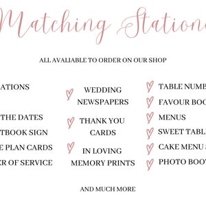 K&ouml;nnte beinhalten: Wei&szlig;er Hintergrund mit den Worten "Matching Stationery" in einer Schreibschrift. Darunter wird eine Liste von Hochzeits-Papeterie-Artikeln, einschlie&szlig;lich Einladungen, RSVP-Karten und Tischnummern, mit Herzsymbolen angezeigt.