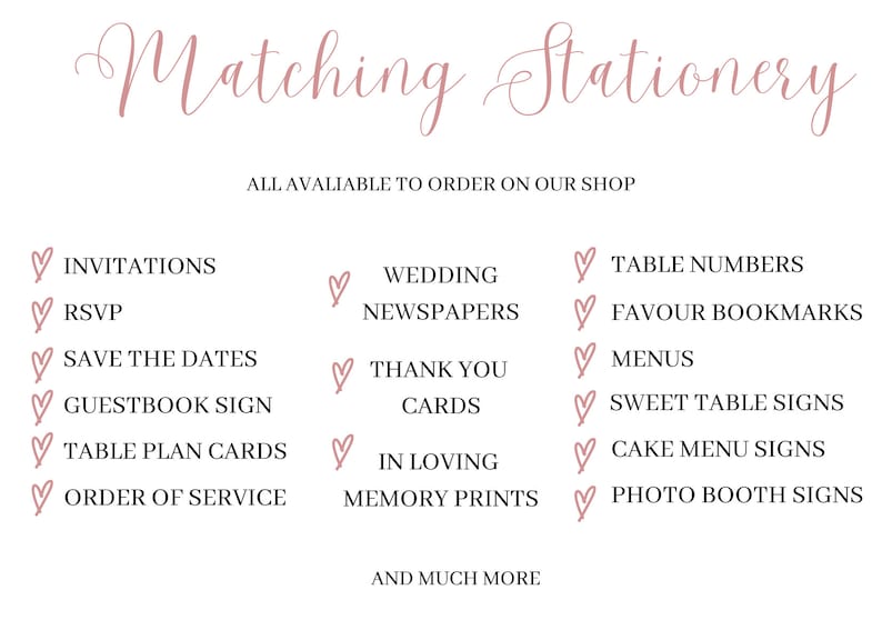 K&ouml;nnte beinhalten: Wei&szlig;er Hintergrund mit den Worten "Matching Stationery" in einer Schreibschrift. Darunter wird eine Liste von Hochzeits-Papeterie-Artikeln, einschlie&szlig;lich Einladungen, RSVP-Karten und Tischnummern, mit Herzsymbolen angezeigt.