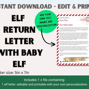 Peut inclure: Téléchargement numérique imprimable d'une lettre de retour d'elfe avec un thème de bébé elfe. La lettre est personnalisable avec votre propre texte et vos noms. La taille de la lettre est de 12,7 cm x 17,8 cm.