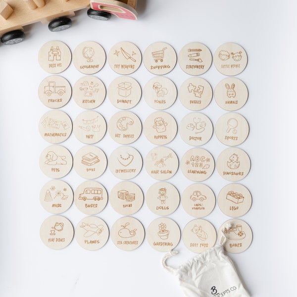 Set di 10 etichette di giocattoli in legno per l'organizzazione di giocattoli / Taglio laser personalizzato / Ikea TROFAST / Etichette per scatole di immagazzinaggio / Organizzazione di giocattoli / Incise al laser