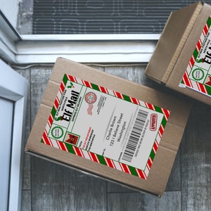 Étiquettes d'expédition Elf Mail | Timbres du pôle Nord | de Étiquette-cadeau | Étiquette d'adresse elfe modifiable | Forfait Arrivée Elfe | Père Noël | Elfe de Noël