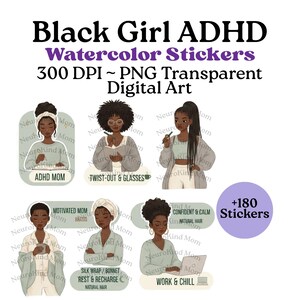 Stickers numériques fille noire TDAH pour GoodNotes | Boîte à outils de la fonction exécutive | Stickers pour agenda PNG prédécoupés | Plus de 180 packs
