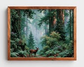 Misty Redwood Forest Deer, Pacific Northwest Printable Wall Art (Digital Download) 203