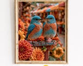 Bluebirds on Perch, Autumn Flowers Printable Wall Art (Digital Download) 168