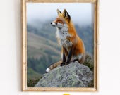 Red Fox Mountain Landscape, Moody Wildlife Nature Printable Wall Art (Digital Download) 1