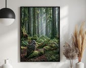 Spotted Owl Forest Print, Misty Redwood Landscape Printable Wall Art (Digital Download) 194