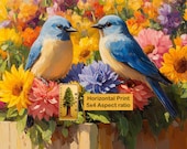 Bluebirds on Rustic Fence, Sunflower Garden Painting Printable Wall Art (Digital Download) 183