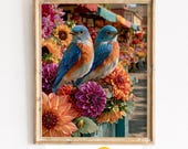 Bluebirds at Flower Market, Colorful Botanical Printable Wall Art (Digital Download) 169