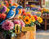 Bluebirds on Flower Market Edge, Colorful Wildflower Printable Wall Art (Digital Download) 178