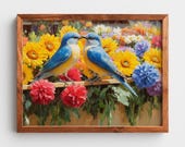 Bluebirds Kissing on Fence, Cottage Garden Flowers Printable Wall Art (Digital Download) 180