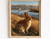 Coastal Wetland Rabbit and Egret Print, Serene Nature Printable Wall Art (Digital Download) 63