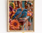 Bluebirds on Rustic Railing, Autumn Dahlias Printable Wall Art (Digital Download) 171