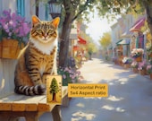Tabby Cat on Wooden Bench, Sunny European Village Printable Wall Art (Digital Download) 161