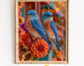 Bluebirds with Dahlias, Autumn Garden Printable Wall Art (Digital Download) 170
