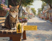 Tabby Cat on Bench, Vintage Village Street Printable Wall Art (Digital Download) 155