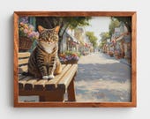 Vintage Tabby Cat Print, Sunny Bench Street Scene Printable Wall Art (Digital Download) 155