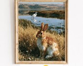 Rustic Rabbit and Egret Wetland, Golden Marsh Wildlife Printable Wall Art (Digital Download) 67