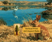 Golden Lake Wildlife Landscape, Rabbit Egret Printable Wall Art (Digital Download) 65