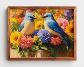 Bluebirds on Wooden Fence, Dahlia Wildflower Garden Printable Wall Art (Digital Download) 183