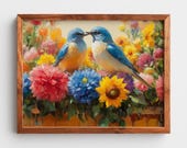 Romantic Bluebirds in Garden Flowers Printable Wall Art (Digital Download) 173