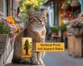 Tabby Cat on Wooden Bench, Cozy Village Street Printable Wall Art (Digital Download) 154