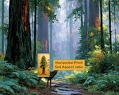 Misty Redwood Forest Deer Print, Monet-Inspired Landscape Art (Digital Download)