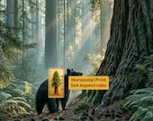 Young Black Bear Redwood Forest Painting, Rustic Wildlife Printable Wall Art (Digital Download) 209