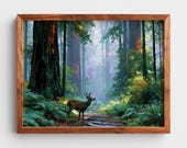 Black-tailed Deer Forest Path, Woodland Printable Wall Art, Rustic Nature Painting (Digital Download) 202