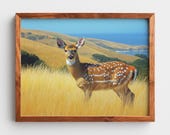 Black-tailed Deer in Golden Grass, Serene Coastal Landscape Printable Wall Art (Digital Download) 105