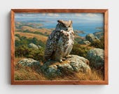 Majestic Owl on Rocky Summit, Golden Coastal Landscape Printable Wall Art (Digital Download) 46