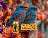 Bluebirds on Garden Perch, Vibrant Autumn Flowers Printable Wall Art (Digital Download) 171