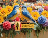 Pair of Western Bluebirds, Sunflower Garden Printable Wall Art (Digital Download) 180
