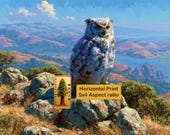 Horned Owl on Rocky Summit, Coastal Landscape Print (Digital Download)