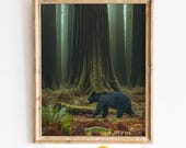Black Bear Forest Painting, Moody Redwood Wilderness Printable Wall Art (Digital Download) 206