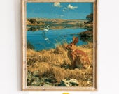 Lakeside Brown Rabbit and Egret, Realistic Wildlife Painting Printable Wall Art (Digital Download) 65
