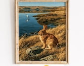 Golden Wetlands Rabbit Painting, Serene Wildlife Landscape Printable Wall Art (Digital Download) 64