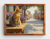 Tabby Cat on Sun-Warmed Bench, European Street Printable Wall Art (Digital Download) 162