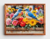 Pair of Western Bluebirds, Colorful Garden Flowers Printable Wall Art (Digital Download) 174