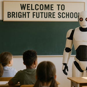Op de afbeelding: Een klaslokaal met een witte en zwarte robot voor leerlingen. De robot heeft rode ogen. Een bord boven het schoolbord luidt "WELCOME TO BRIGHT FUTURE SCHOOL".