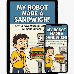 Puede incluir: Una tableta y un smartphone muestran la portada de un libro infantil, "MY ROBOT MADE A SANDWICH!". La ilustración muestra a un niño sorprendido por un gran sándwich. También aparece un robot.