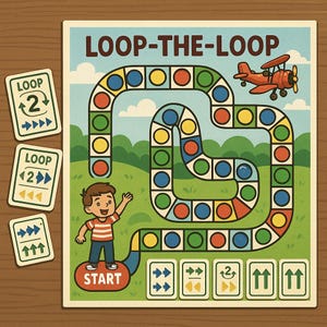 K&ouml;nnte beinhalten: Ein Brettspiel im Vintage-Stil mit dem Titel "Loop-the-Loop" mit einer farbenfrohen Strecke und einem roten Doppeldecker. Das Spiel zeigt einen Jungen am Start und mehrere Spielkarten. Das Spielbrett hat einen gr&uuml;nen Landschaftshintergrund.