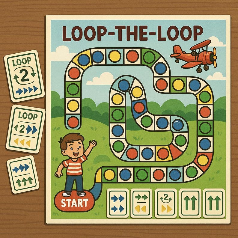 K&ouml;nnte beinhalten: Ein Brettspiel im Vintage-Stil mit dem Titel "Loop-the-Loop" mit einer farbenfrohen Strecke und einem roten Doppeldecker. Das Spiel zeigt einen Jungen am Start und mehrere Spielkarten. Das Spielbrett hat einen gr&uuml;nen Landschaftshintergrund.