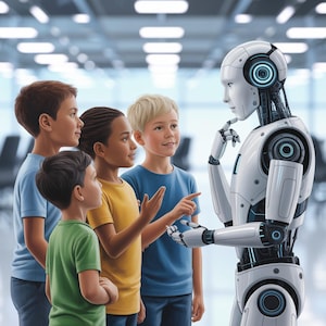 May include: Four children in blue, yellow, and green t-shirts are interacting with a white robot with blue glowing accents. The robot has a futuristic design. The children appear to be engaged in a conversation or demonstration.