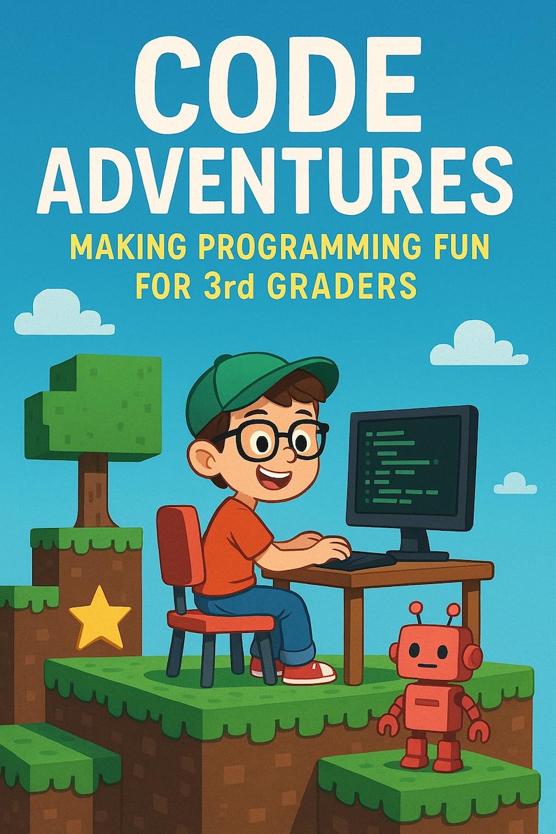 K&ouml;nnte beinhalten: Illustration zur F&ouml;rderung von "Code Adventures" f&uuml;r Drittkl&auml;ssler. Ein Kind mit Brille und gr&uuml;ner Kappe codiert an einem Computer. Ein roter Roboter steht in der N&auml;he. Der Hintergrund ist ein blauer Himmel mit Wolken und pixeligem Gel&auml;nde.