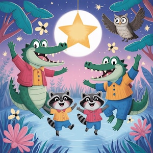May include: A whimsical illustration featuring cartoon alligators and raccoons dancing under a full moon and a hanging gold star. The alligators wear colorful outfits, and an owl hovers above. The scene is set in a lush, vibrant environment.
