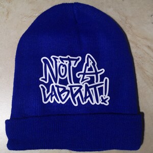 May include: A blue beanie with a white graphic that says "Nota Labrat!"