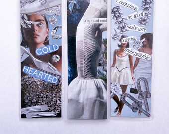 Hand-Assembled Collage Bookmarks | Blue Silver Glam Fashion (Set of 3)